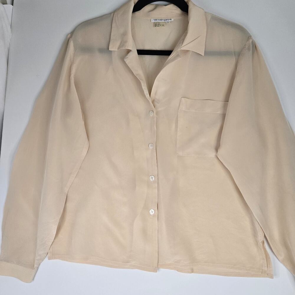 VIP Sportswear Silk Blouse Size 12 Collar Button Down Long Sleeve Blouse